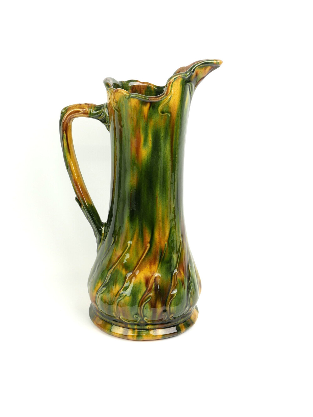 Antique Rockingham Pottery Pitcher 12.5" Yellowware Brown Green Drip Glaze Ohio